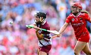 10 August 2025; Aoife Donohue of Galway in action against Libby Coppinger of Cork during the Glen Dimplex All-Ireland Senior Camogie Championship final match between Cork and Galway at Croke Park in Dublin. Photo by Ramsey Cardy/Sportsfile