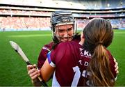 10 August 2025; Galway players Carrie Dolan, behind, and Mairead Dillion celebrate after their side's victory in the Glen Dimplex All-Ireland Senior Camogie Championship final match between Cork and Galway at Croke Park in Dublin. Photo by Piaras Ó Mídheach/Sportsfile
