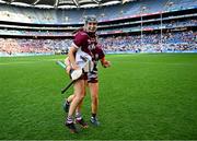 10 August 2025; Galway players Carrie Dolan, front, and Jennifer Hughes celebrate after their side's victory in the Glen Dimplex All-Ireland Senior Camogie Championship final match between Cork and Galway at Croke Park in Dublin. Photo by Piaras Ó Mídheach/Sportsfile