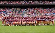 10 August 2025; The Galway team before the Glen Dimplex All-Ireland Senior Camogie Championship final match between Cork and Galway at Croke Park in Dublin. Photo by Ramsey Cardy/Sportsfile