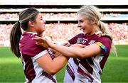 10 August 2025; Galway players Niamh McInerney, left, and Olwen Rabbitte celebrate after their side's victory in the Glen Dimplex All-Ireland Senior Camogie Championship final match between Cork and Galway at Croke Park in Dublin. Photo by Piaras Ó Mídheach/Sportsfile