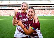 10 August 2025; Galway players Niamh McInerney, right, and Olwen Rabbitte celebrate after their side's victory in the Glen Dimplex All-Ireland Senior Camogie Championship final match between Cork and Galway at Croke Park in Dublin. Photo by Piaras Ó Mídheach/Sportsfile