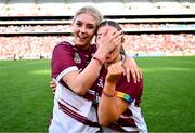 10 August 2025; Galway players Niamh McInerney, right, and Olwen Rabbitte celebrate after their side's victory in the Glen Dimplex All-Ireland Senior Camogie Championship final match between Cork and Galway at Croke Park in Dublin. Photo by Piaras Ó Mídheach/Sportsfile