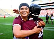 10 August 2025; Galway players Emma Helebert and Dervla Higgins, right, celebrate after their side's victory in the Glen Dimplex All-Ireland Senior Camogie Championship final match between Cork and Galway at Croke Park in Dublin. Photo by Piaras Ó Mídheach/Sportsfile