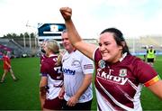 10 August 2025; Galway goalkeeper Sarah Healy celebrates after her side's victory in the Glen Dimplex All-Ireland Senior Camogie Championship final match between Cork and Galway at Croke Park in Dublin. Photo by Piaras Ó Mídheach/Sportsfile