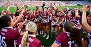 10 August 2025; Galway players celebrate after the Glen Dimplex All-Ireland Senior Camogie Championship final match between Cork and Galway at Croke Park in Dublin. Photo by Piaras Ó Mídheach/Sportsfile