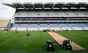 10 August 2025; Ground staff work on the pitch after the Glen Dimplex All-Ireland Senior Camogie Championship final match between Cork and Galway at Croke Park in Dublin, in advance of the upcoming concerts of Oasis and Robbie Williams in the stadium. Photo by Ramsey Cardy/Sportsfile
