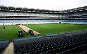 10 August 2025; Ground staff work on the pitch after the Glen Dimplex All-Ireland Senior Camogie Championship final match between Cork and Galway at Croke Park in Dublin, in advance of the upcoming concerts of Oasis and Robbie Williams in the stadium. Photo by Ramsey Cardy/Sportsfile