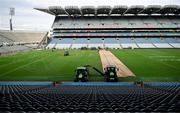 10 August 2025; Ground staff work on the pitch after the Glen Dimplex All-Ireland Senior Camogie Championship final match between Cork and Galway at Croke Park in Dublin, in advance of the upcoming concerts of Oasis and Robbie Williams in the stadium. Photo by Ramsey Cardy/Sportsfile