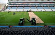 10 August 2025; Ground staff work on the pitch after the Glen Dimplex All-Ireland Senior Camogie Championship final match between Cork and Galway at Croke Park in Dublin, in advance of the upcoming concerts of Oasis and Robbie Williams in the stadium. Photo by Ramsey Cardy/Sportsfile