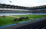 10 August 2025; Ground staff work on the pitch after the Glen Dimplex All-Ireland Senior Camogie Championship final match between Cork and Galway at Croke Park in Dublin, in advance of the upcoming concerts of Oasis and Robbie Williams in the stadium. Photo by Ramsey Cardy/Sportsfile