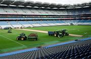 10 August 2025; Ground staff work on the pitch after the Glen Dimplex All-Ireland Senior Camogie Championship final match between Cork and Galway at Croke Park in Dublin, in advance of the upcoming concerts of Oasis and Robbie Williams in the stadium. Photo by Ramsey Cardy/Sportsfile