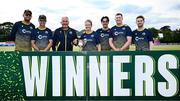 10 August 2025; Ireland coaches, from left, spin bowling coach James Cameron, assistant head coach Glenn Querl, head coach Lloyd Tennant, team manager Beth Healy, strength and conditioning coach Calum Burdett, physiotherapist Richard Dodd, and analyst Liam Holgate, after match three of the Women's T20 International Series between Ireland and Pakistan at Castle Avenue Cricket Ground in Dublin. Photo by Seb Daly/Sportsfile