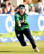 10 August 2025; Leah Paul of Ireland attempts to field the ball during match three of the Women's T20 International Series between Ireland and Pakistan at Castle Avenue Cricket Ground in Dublin. Photo by Seb Daly/Sportsfile