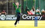 10 August 2025; Ireland bowler Lara McBride during match three of the Women's T20 International Series between Ireland and Pakistan at Castle Avenue Cricket Ground in Dublin. Photo by Seb Daly/Sportsfile