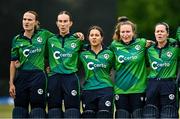 10 August 2025; Ireland players, from left, Gaby Lewis, Orla Prendergast, Amy Hunter, Leah Paul, and Laura Delany before match three of the Women's T20 International Series between Ireland and Pakistan at Castle Avenue Cricket Ground in Dublin. Photo by Seb Daly/Sportsfile
