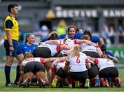 10 August 2025; Leinster players, including Lisa Callan, right, engage in a scrum during the Vodafone Women’s Interprovincial Championship Round 1 match between Leinster and Ulster at Energia Park in Dublin. Photo by Shauna Clinton/Sportsfile