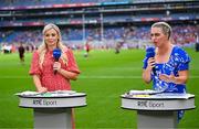 10 August 2025; RTÉ analysts Anna Geary, left, and Ursula Jacob at the Glen Dimplex All-Ireland Senior Camogie Championship final match between Cork and Galway at Croke Park in Dublin. Photo by Piaras Ó Mídheach/Sportsfile