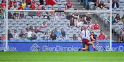 10 August 2025; Galway goalkeeper Sarah Healy saves a penalty from Katrina Mackey of Cork during the Glen Dimplex All-Ireland Senior Camogie Championship final match between Cork and Galway at Croke Park in Dublin. Photo by Piaras Ó Mídheach/Sportsfile