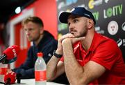 11 August 2025; Head coach Joey O'Brien and Paddy Barrett, left, during a Shelbourne Media Conference at Tolka Park in Dublin. Photo by Stephen McCarthy/Sportsfile