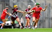10 August 2025; Hannah Looney of Cork in action against Annmarie Starr of Galway during the Glen Dimplex All-Ireland Senior Camogie Championship final match between Cork and Galway at Croke Park in Dublin. Photo by Ramsey Cardy/Sportsfile