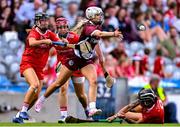 10 August 2025; Olwen Rabbitte of Galway in action against Laura Treacy of Cork during the Glen Dimplex All-Ireland Senior Camogie Championship final match between Cork and Galway at Croke Park in Dublin. Photo by Ramsey Cardy/Sportsfile