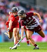 10 August 2025; Aoife Donohue of Galway and Laura Treacy of Cork during the Glen Dimplex All-Ireland Senior Camogie Championship final match between Cork and Galway at Croke Park in Dublin. Photo by Ramsey Cardy/Sportsfile