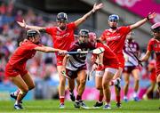 10 August 2025; Aoife Donohue of Galway in action against Cork players, from left, Laura Treacy, Ashling Thompson, Aoife Healy and Sorcha McCartan during the Glen Dimplex All-Ireland Senior Camogie Championship final match between Cork and Galway at Croke Park in Dublin. Photo by Ramsey Cardy/Sportsfile