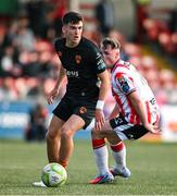 8 August 2025; Matthew Kiernan of Cork City in action against Gavin Whyte of Derry City during the SSE Airtricity Men's Premier Division match between Derry City and Cork City at The Ryan McBride Brandywell Stadium in Derry. Photo by Ramsey Cardy/Sportsfile