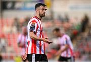 8 August 2025; Michael Duffy of Derry City during the SSE Airtricity Men's Premier Division match between Derry City and Cork City at The Ryan McBride Brandywell Stadium in Derry. Photo by Ramsey Cardy/Sportsfile