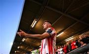 8 August 2025; Hayden Cann of Derry City during the SSE Airtricity Men's Premier Division match between Derry City and Cork City at The Ryan McBride Brandywell Stadium in Derry. Photo by Ramsey Cardy/Sportsfile