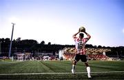 8 August 2025; Hayden Cann of Derry City takes a throw-in during the SSE Airtricity Men's Premier Division match between Derry City and Cork City at The Ryan McBride Brandywell Stadium in Derry. Photo by Ramsey Cardy/Sportsfile