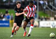8 August 2025; Sadou Diallo of Derry City in action against Kitt Nelson of Cork City during the SSE Airtricity Men's Premier Division match between Derry City and Cork City at The Ryan McBride Brandywell Stadium in Derry. Photo by Ramsey Cardy/Sportsfile