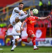 12 August 2025; Ante Majstorovic of Rijeka in action against Ali Coote of Shelbourne during the UEFA Europa League Third Qualifying Round 2nd Leg match between Shelbourne and Rijeka at Tolka Park in Dublin. Photo by Ben McShane/Sportsfile