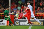 12 August 2025; Ali Coote of Shelbourne in action against Rijeka goalkeeper Martin Zlomislic, left, and Ante Majstorovic during the UEFA Europa League Third Qualifying Round 2nd Leg match between Shelbourne and Rijeka at Tolka Park in Dublin. Photo by Stephen McCarthy/Sportsfile