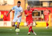 12 August 2025; Kerr McInroy of Shelbourne in action against Ante Matej Juric of Rijeka during the UEFA Europa League Third Qualifying Round 2nd Leg match between Shelbourne and Rijeka at Tolka Park in Dublin. Photo by Stephen McCarthy/Sportsfile