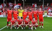 12 August 2025; The Shelbourne team, back row, from left, Mipo Odubeko, Paddy Barrett, Wessel Speel, JJ Lunney, Milan Mbeng, Sam Bone and Kameron Ledwidge; front row, from left, James Norris, Kerr McInroy, Harry Wood and Ali Coote before the UEFA Europa League Third Qualifying Round 2nd Leg match between Shelbourne and Rijeka at Tolka Park in Dublin. Photo by Stephen McCarthy/Sportsfile