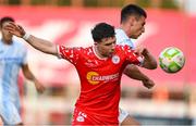 12 August 2025; Ali Coote of Shelbourne in action against Ante Matej Juric of Rijeka during the UEFA Europa League Third Qualifying Round 2nd Leg match between Shelbourne and Rijeka at Tolka Park in Dublin. Photo by Stephen McCarthy/Sportsfile