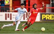 12 August 2025; Niko Jankovic of Rijeka in action against Milan Mbeng of Shelbourne during the UEFA Europa League Third Qualifying Round 2nd Leg match between Shelbourne and Rijeka at Tolka Park in Dublin. Photo by Ben McShane/Sportsfile