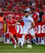 12 August 2025; Ante Majstorovic of Rijeka in action against Kerr McInroy of Shelbourne during the UEFA Europa League Third Qualifying Round 2nd Leg match between Shelbourne and Rijeka at Tolka Park in Dublin. Photo by Ben McShane/Sportsfile