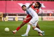 12 August 2025; Mladen Devetak of Rijeka in action against Milan Mbeng of Shelbourne during the UEFA Europa League Third Qualifying Round 2nd Leg match between Shelbourne and Rijeka at Tolka Park in Dublin. Photo by Ben McShane/Sportsfile