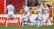 12 August 2025; Toni Fruk of Rijeka, second left, celebrates after scoring his side's first goal during the UEFA Europa League Third Qualifying Round 2nd Leg match between Shelbourne and Rijeka at Tolka Park in Dublin. Photo by Stephen McCarthy/Sportsfile