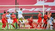 12 August 2025; Ante Majstorovic of Rijeka shoots at goal despite the efforts of Kerr McInroy of Shelbourne during the UEFA Europa League Third Qualifying Round 2nd Leg match between Shelbourne and Rijeka at Tolka Park in Dublin. Photo by Stephen McCarthy/Sportsfile