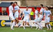 12 August 2025; Toni Fruk of Rijeka, second left, celebrates after scoring his side's first goal during the UEFA Europa League Third Qualifying Round 2nd Leg match between Shelbourne and Rijeka at Tolka Park in Dublin. Photo by Stephen McCarthy/Sportsfile