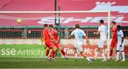 12 August 2025; Toni Fruk of Rijeka shoots to score his side's first goal during the UEFA Europa League Third Qualifying Round 2nd Leg match between Shelbourne and Rijeka at Tolka Park in Dublin. Photo by Stephen McCarthy/Sportsfile