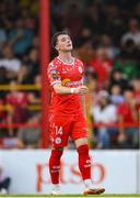 12 August 2025; Ali Coote of Shelbourne reacts to a missed chance during the UEFA Europa League Third Qualifying Round 2nd Leg match between Shelbourne and Rijeka at Tolka Park in Dublin. Photo by Stephen McCarthy/Sportsfile
