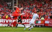 12 August 2025; Ali Coote of Shelbourne shoots at goal, despite the efforts of Mladen Devetak of Rijeka during the UEFA Europa League Third Qualifying Round 2nd Leg match between Shelbourne and Rijeka at Tolka Park in Dublin. Photo by Ben McShane/Sportsfile
