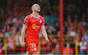 12 August 2025; Kerr McInroy of Shelbourne reacts to a missed chance during the UEFA Europa League Third Qualifying Round 2nd Leg match between Shelbourne and Rijeka at Tolka Park in Dublin. Photo by Stephen McCarthy/Sportsfile