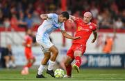 12 August 2025; Ante Orec of Rijeka in action against Kerr McInroy of Shelbourne during the UEFA Europa League Third Qualifying Round 2nd Leg match between Shelbourne and Rijeka at Tolka Park in Dublin. Photo by Stephen McCarthy/Sportsfile