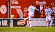 12 August 2025; Tiago Dantas of Rijeka shoots to score his side's second goal during the UEFA Europa League Third Qualifying Round 2nd Leg match between Shelbourne and Rijeka at Tolka Park in Dublin. Photo by Stephen McCarthy/Sportsfile